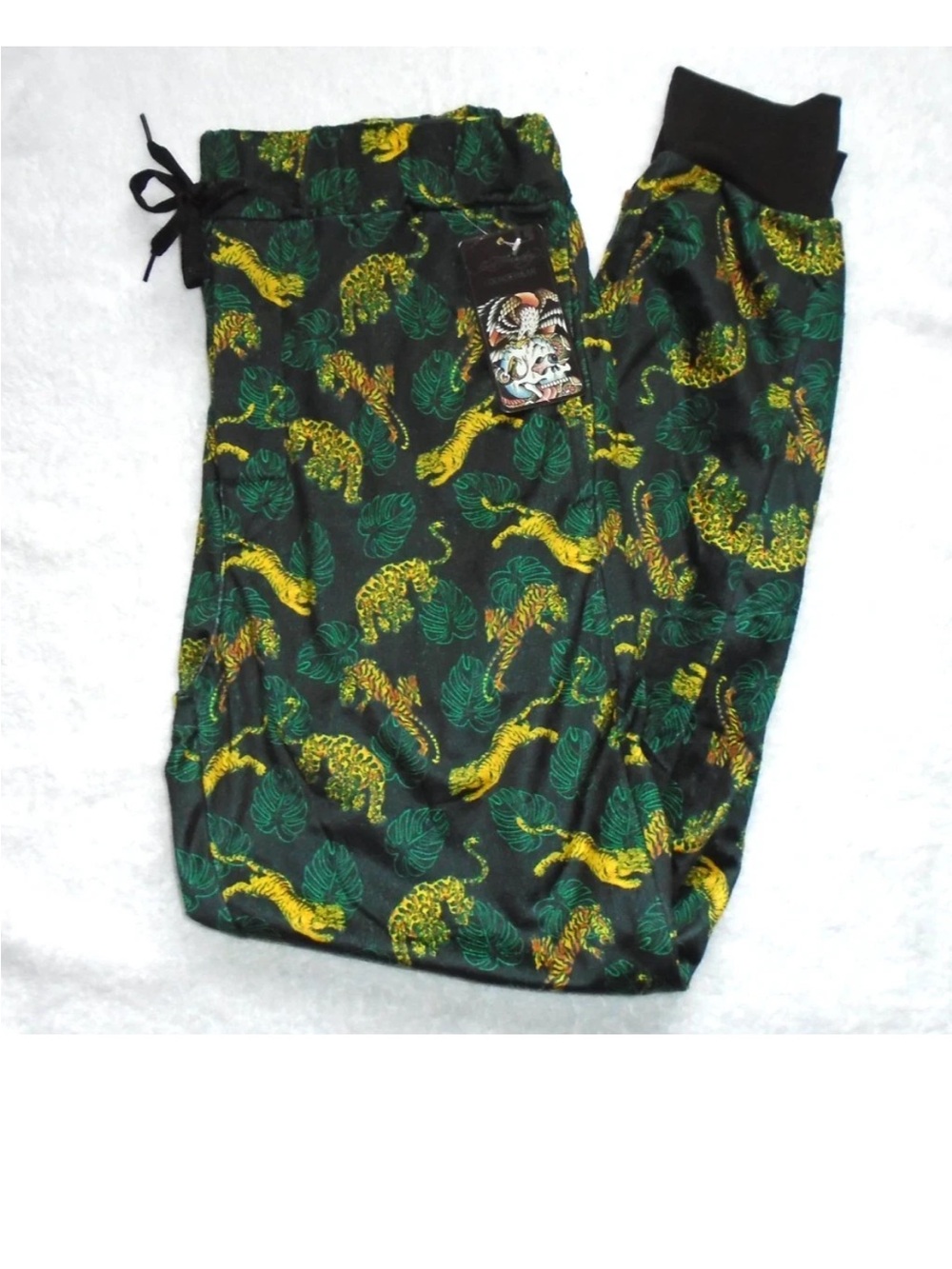 NWT Ed Hardy Mens Leopard & Leaf Pajama Pants - Black, Green & Yellow